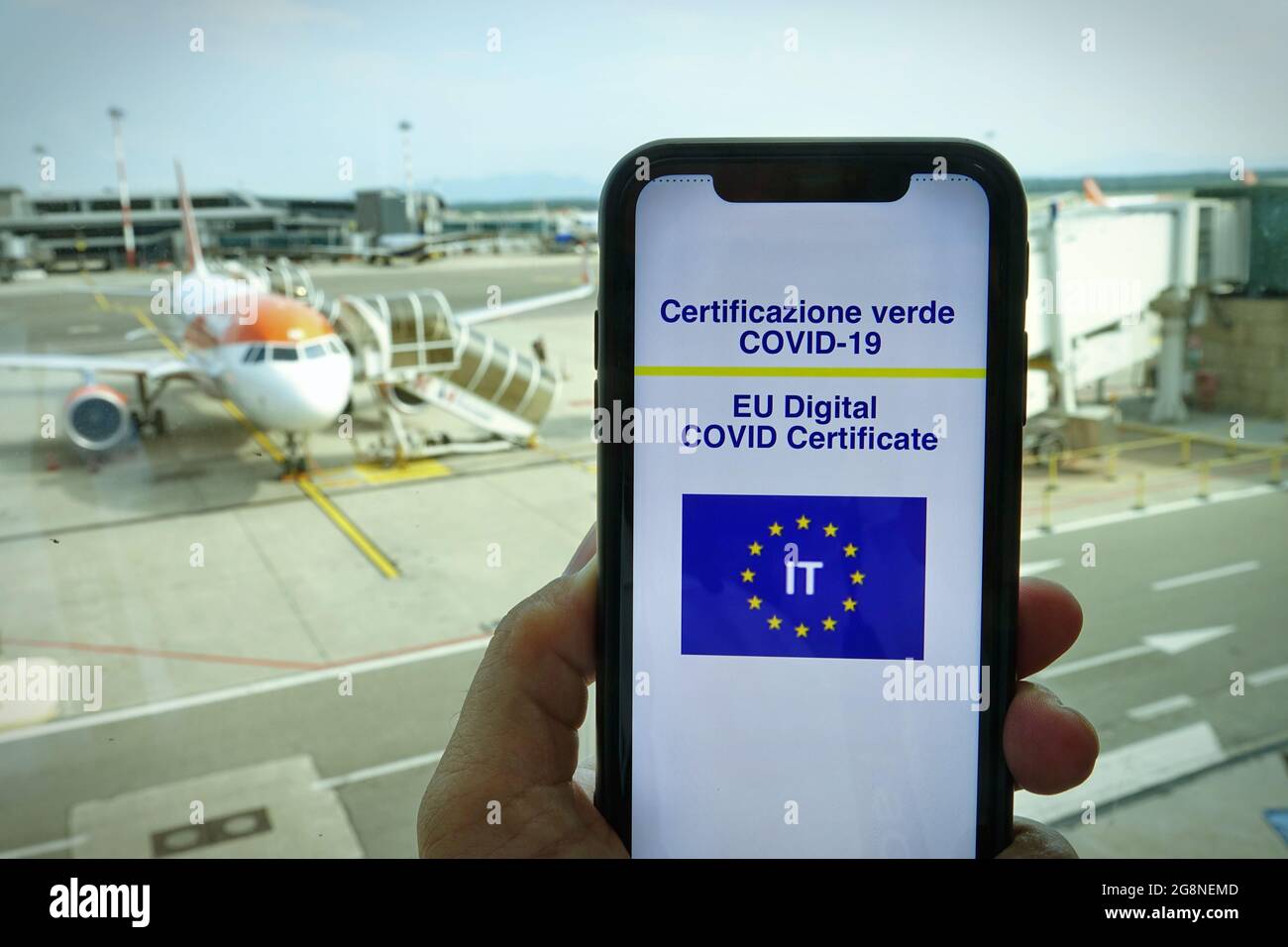 Italian Green Pass. EU Digital certificate Covid-19. Covid or Coronavirus vaccine certificate. Selective focus  Milan, Italy - July 2021 Stock Photo