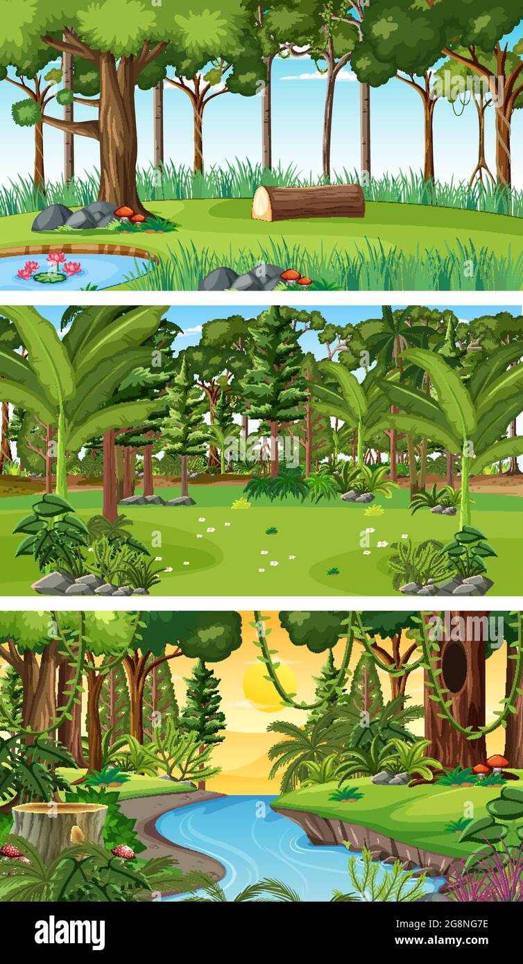 Three different nature horizontal scenes illustration Stock Vector