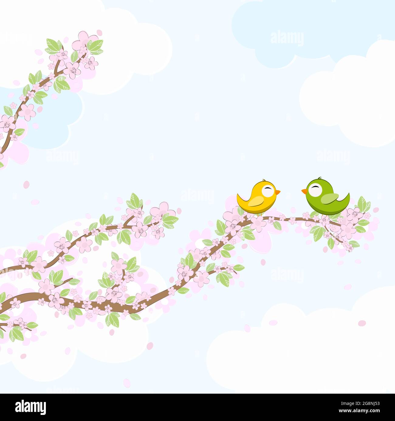 eps vector file with yellow and green colored birds in love, flying and sitting on branches with blossoms and green leaves in spring time, background Stock Vector