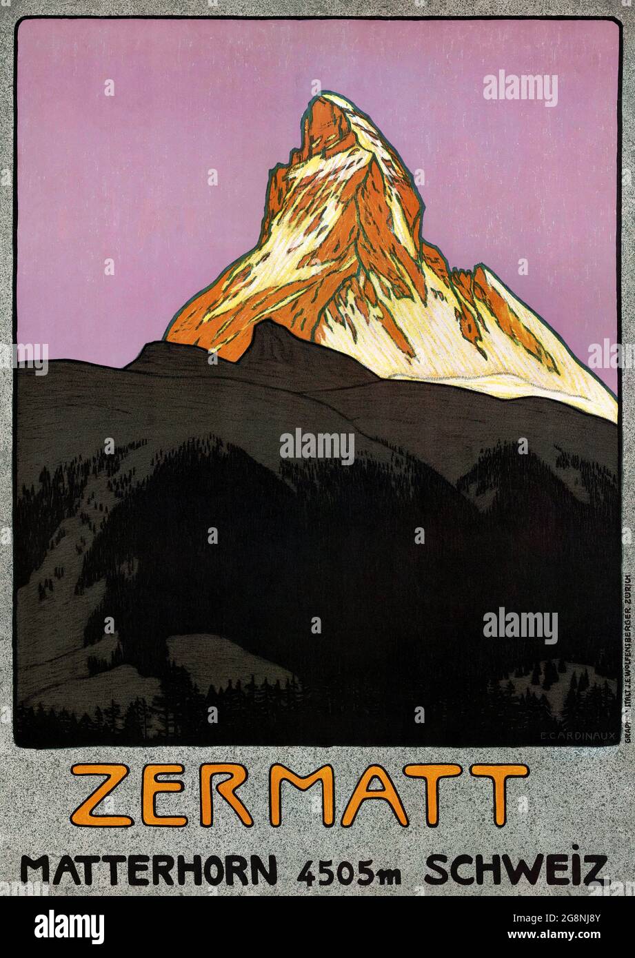 Zermatt Matterhorn 4505m Schweiz by Emil Cardinaux (1877-1936). Restored vintage poster published ca. 1908 in Switzerland. Stock Photo