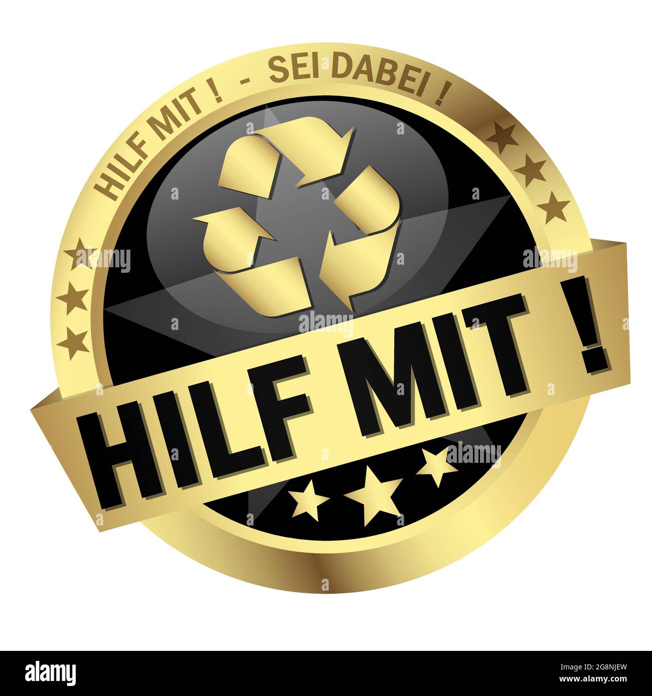 EPS 10 vector with round colored button with banner and text help (in german) Stock Vector