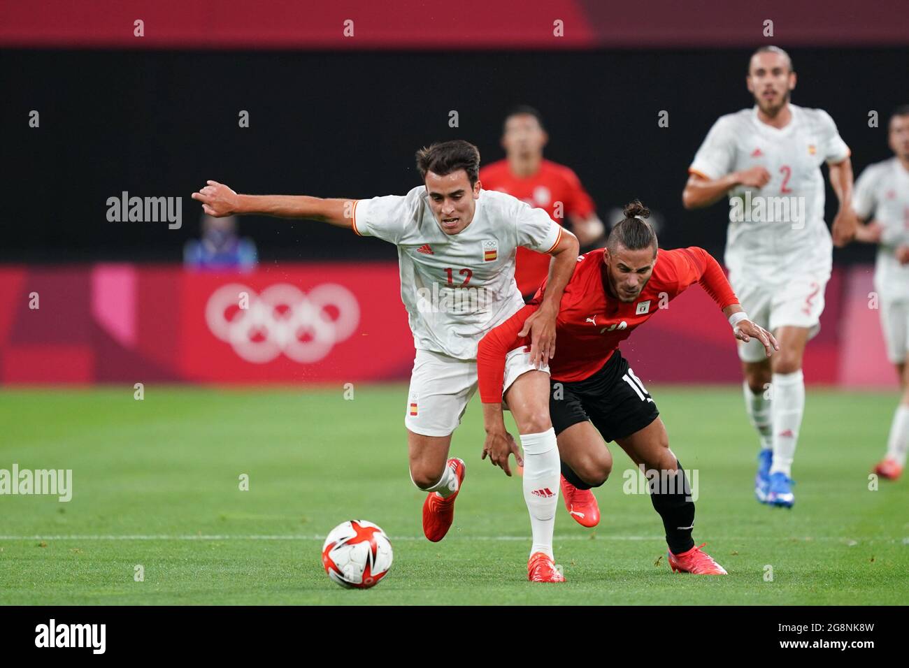 Sapporo, Japan. 22nd July, 2021. Ramadan Sobhi (10 Egypt) and Eric Garcia (12 Spain) battle for the ball (duel) during the Men's Olympic Football Tournament Tokyo 2020 match between Egypt and Spain at Sapporo Dome in Sapporo, Japan. Credit: SPP Sport Press Photo. /Alamy Live News Stock Photo