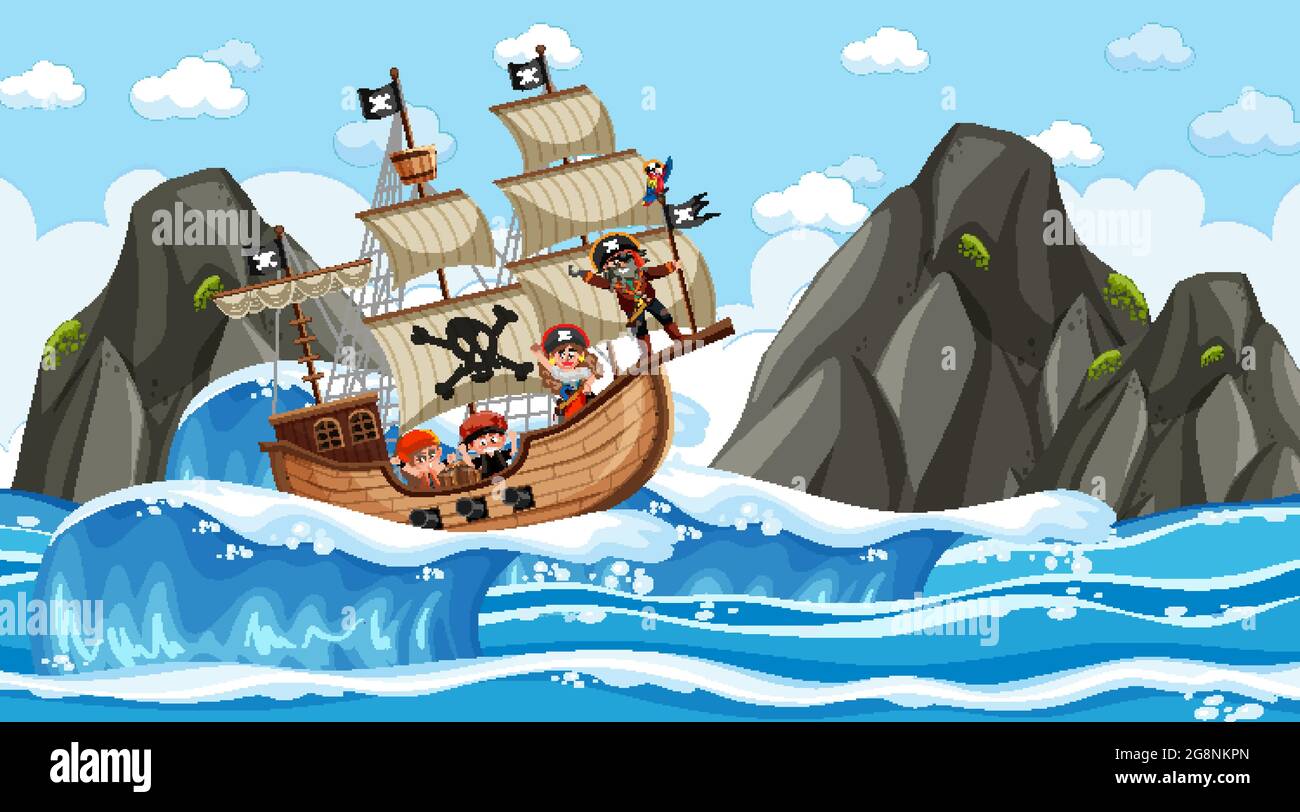 Beach with Pirate ship at daytime scene in cartoon style illustration ...