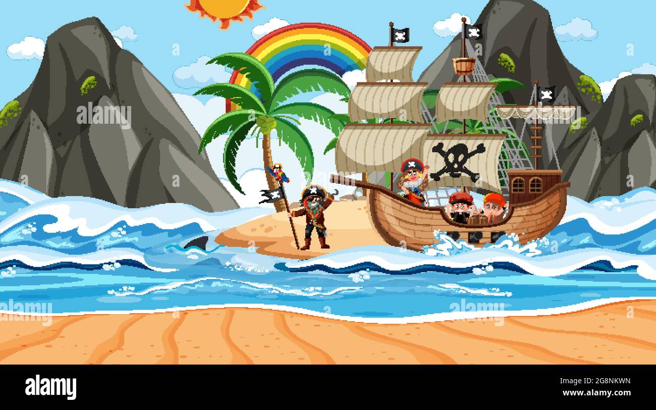 Beach with Pirate ship at daytime scene in cartoon style illustration ...