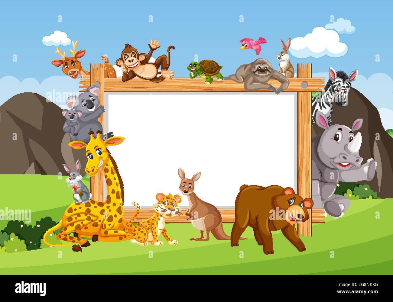Empty wooden frame with various wild animals in the forest illustration ...