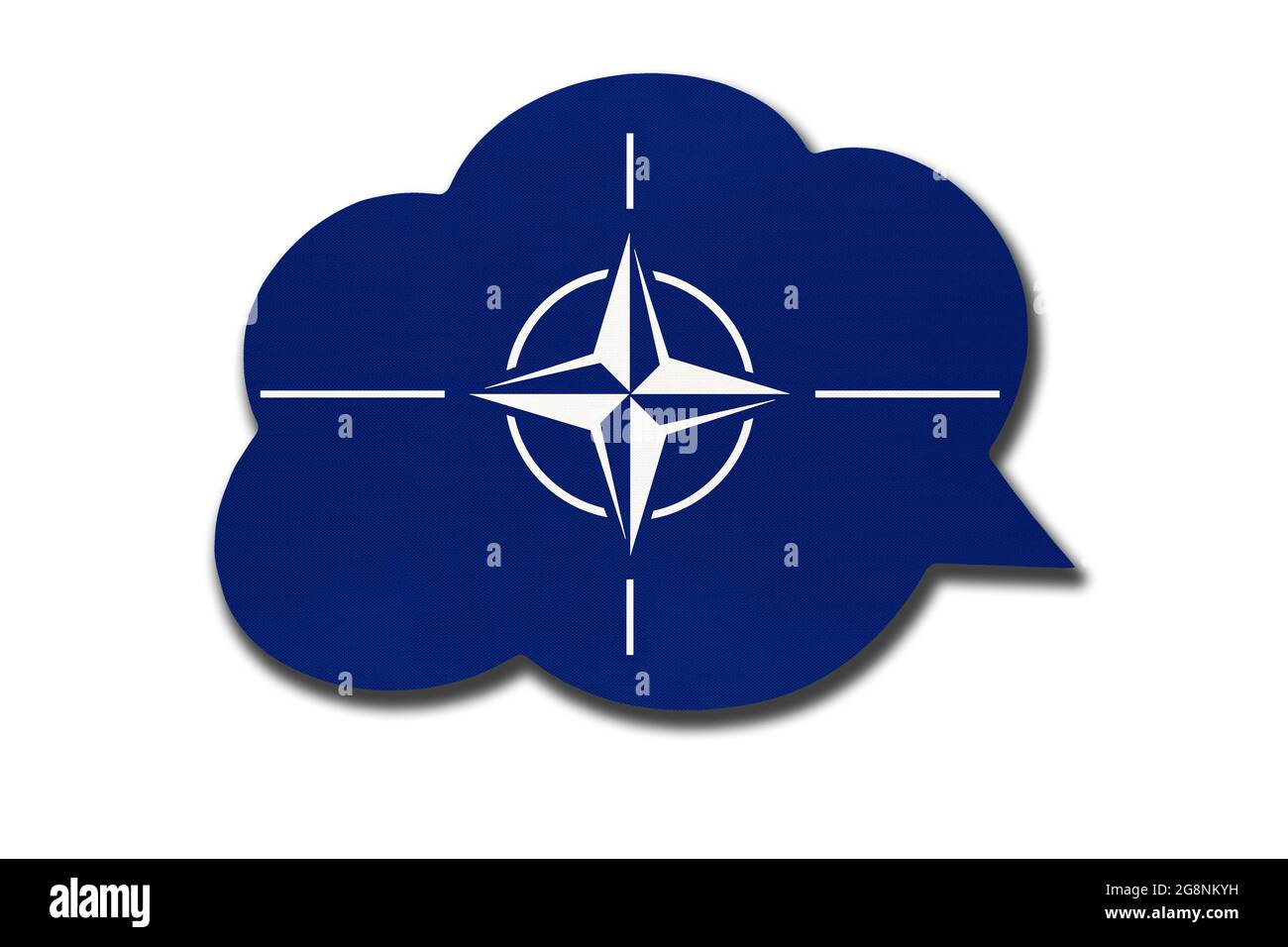 3d speech bubble with North Atlantic Treaty Organization flag isolated on white background. Symbol of NATO flag. International Alliance world sign. Stock Photo