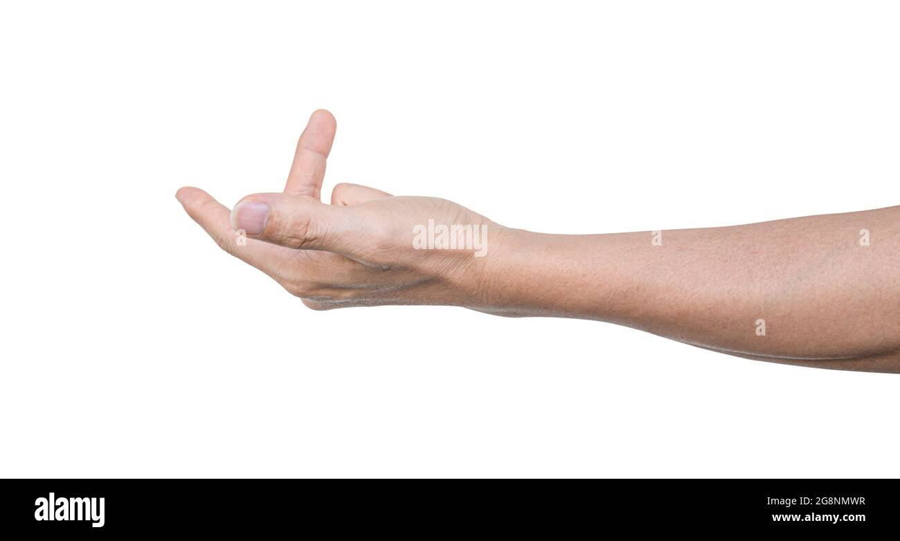 Man hand open palm up to help or receive. Isolated on white background with clipping path. Stock Photo