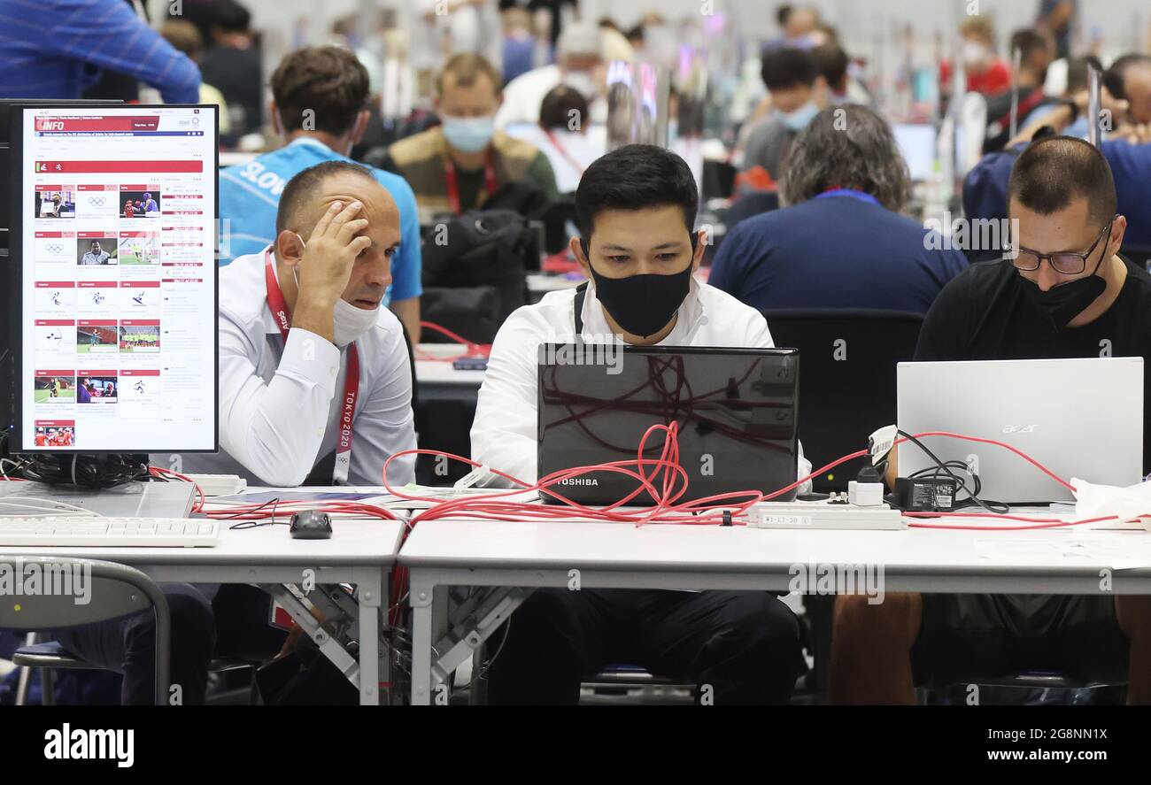 Tokyo Japan July 22 21 Journalists Work At The Main Press Centre Of The Summer Olympics Tokyo Was To Host The Summer Olympic Games On July 24 August 9