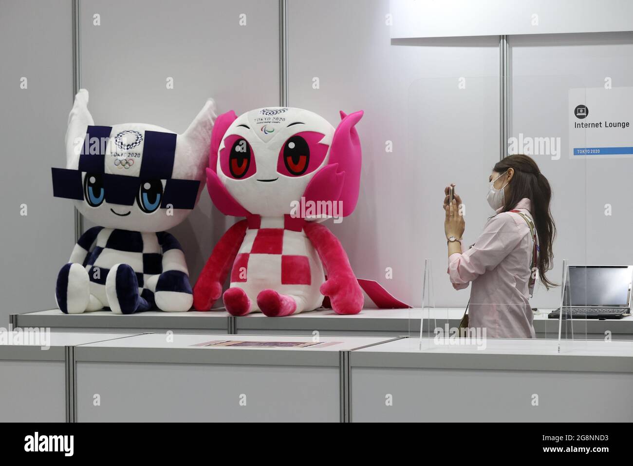 Tokyo Japan July 22 21 Miraitowa L And Someity The Mascots Of The Olympic And Paralymoic Games Respectively On Display At The Main Press Centre Of The Summer Olympics Tokyo