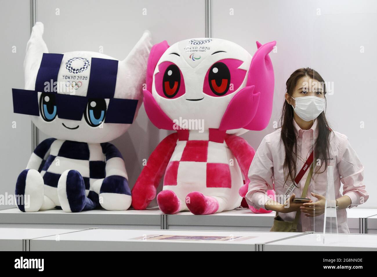 Tokyo Japan July 22 21 Miraitowa L And Someity The Mascots Of The Olympic And Paralymoic Games Respectively On Display At The Main Press Centre Of The Summer Olympics Tokyo