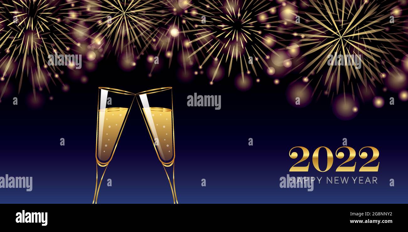 happy new year 2022 golden firework and champagne glasses greeting card Stock Vector