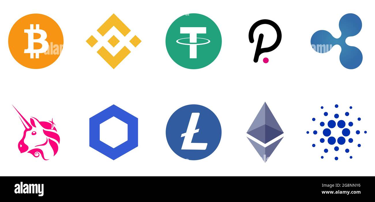 Set of cryptocurrency icon. Bitcoin, Ethereum, Binance, Tether, XRP, Polkadot Cardano Uniswap Litecoin Chainlink Editorial vector illustration Stock Vector
