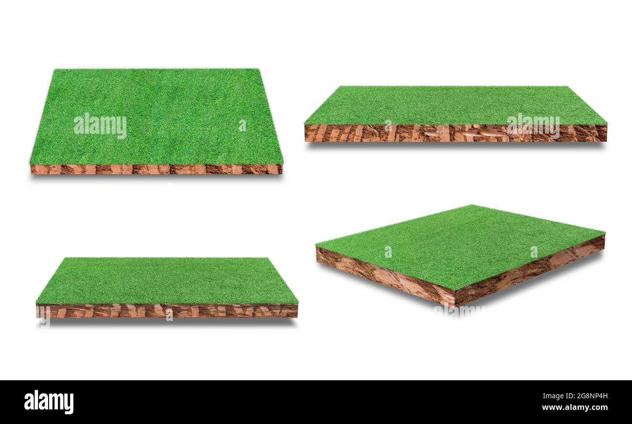 Collection of Soil cubic cross section with green grass field isolated ...
