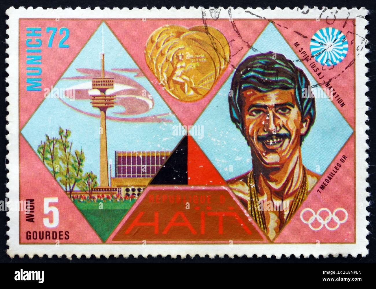 HAITI - CIRCA 1972: a stamp printed in Haiti shows Mark Spitz, Gold Medal Winner, 1972 Summer Olympic Games, Munich, circa 1972 Stock Photo