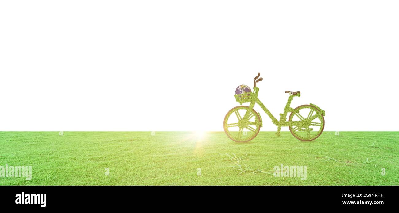 Green ecological bicycle and globe on green grass field isolated on white background. Environmentally friendly concept. image furnished by NASA Stock Photo