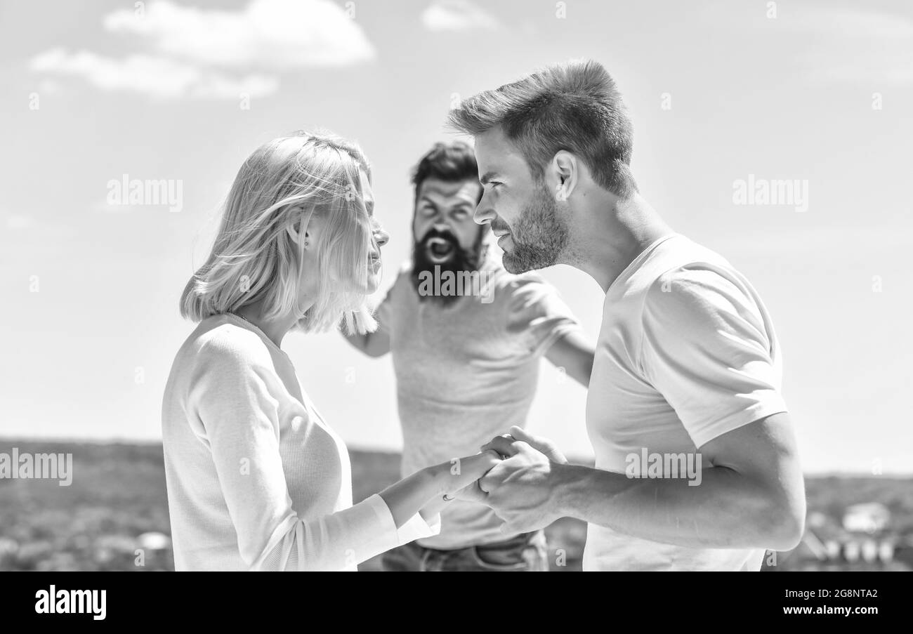 Marriage and divorce. Jealous man. Break up. Cause for suffering. Jealous feeling. If any of you has reasons why these two should not be married speak Stock Photo