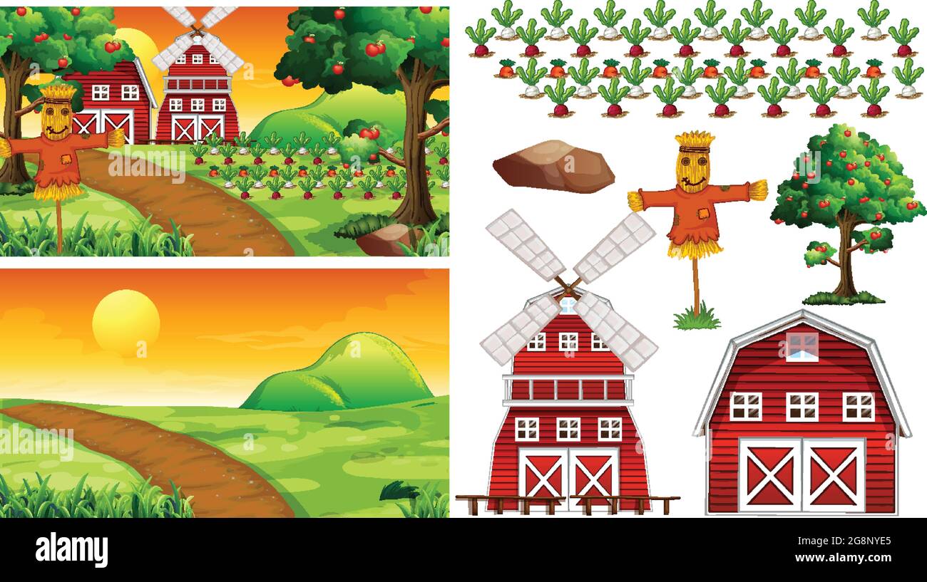 Farm element set isolated with farm scence illustration Stock Vector ...