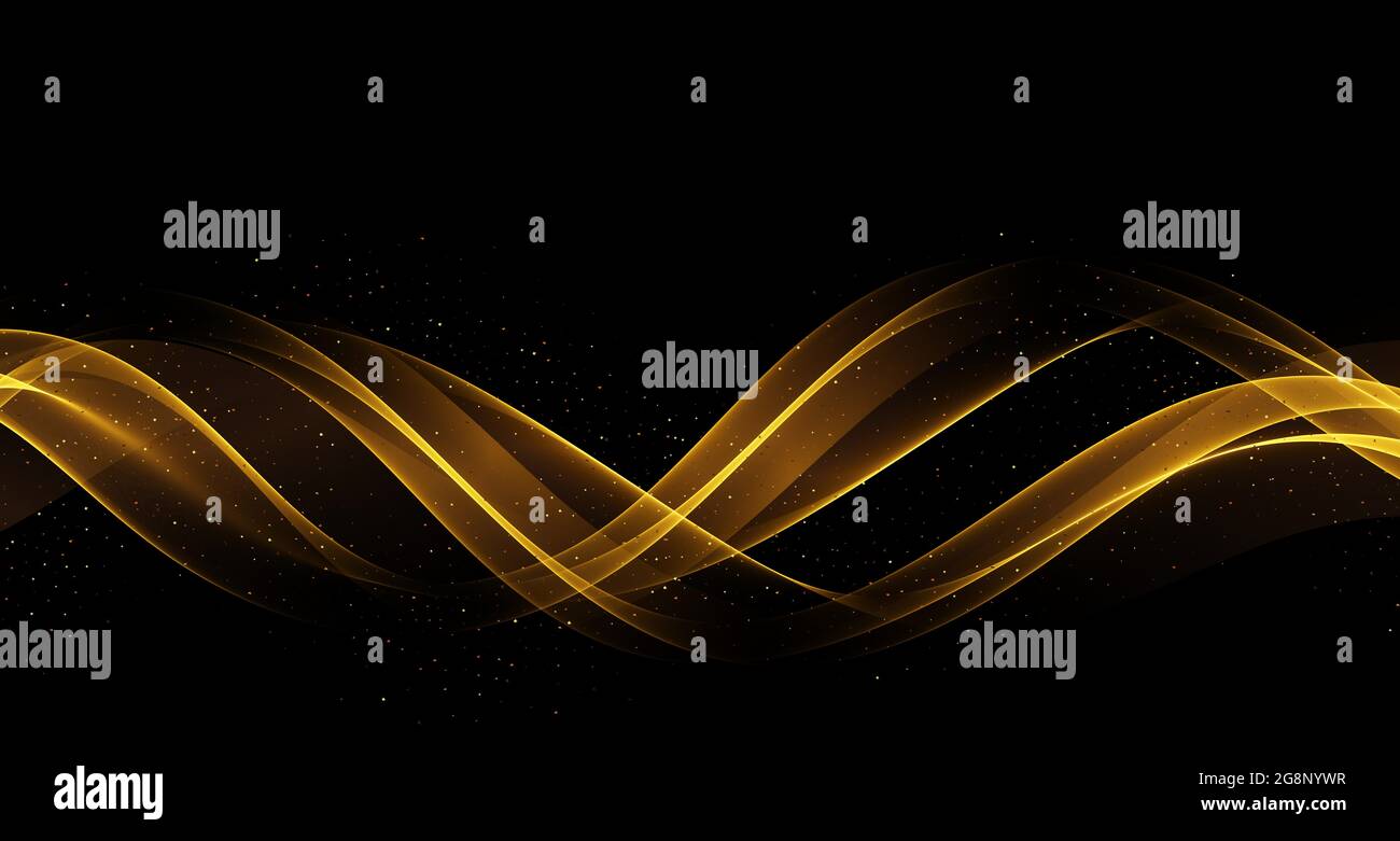 Gold color wave on black background Abstract stream of wavy lines with