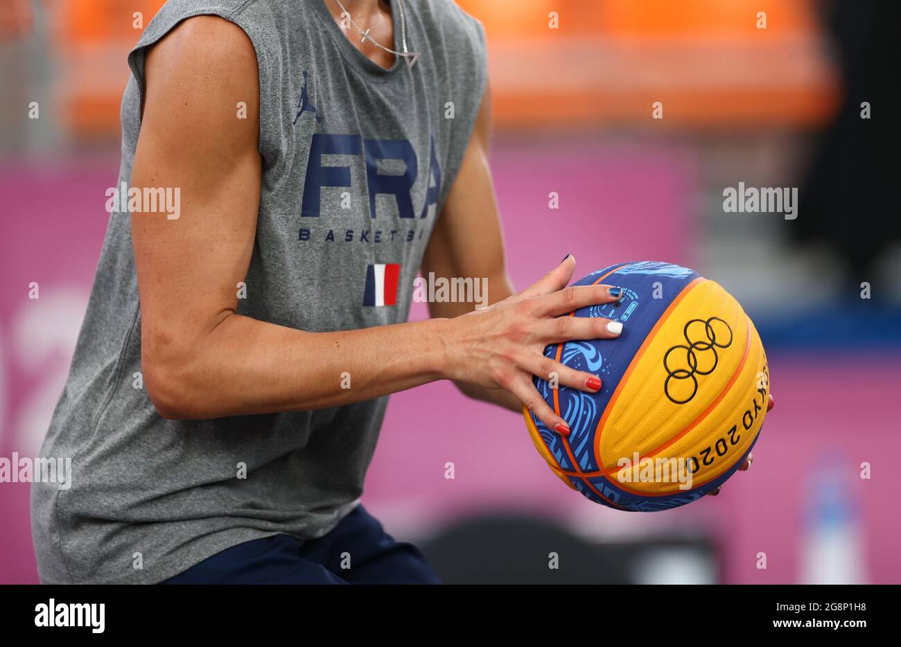 Tokyo 2020 Olympics - Basketball 3x3 Training - Aomi Urban Sports Park, Tokyo, Japan - July 22, 2021  The fingernails of Laetitia Guapo of France are painted in the colours of the French flag during a training session. REUTERS/Andrew Boyers Stock Photo