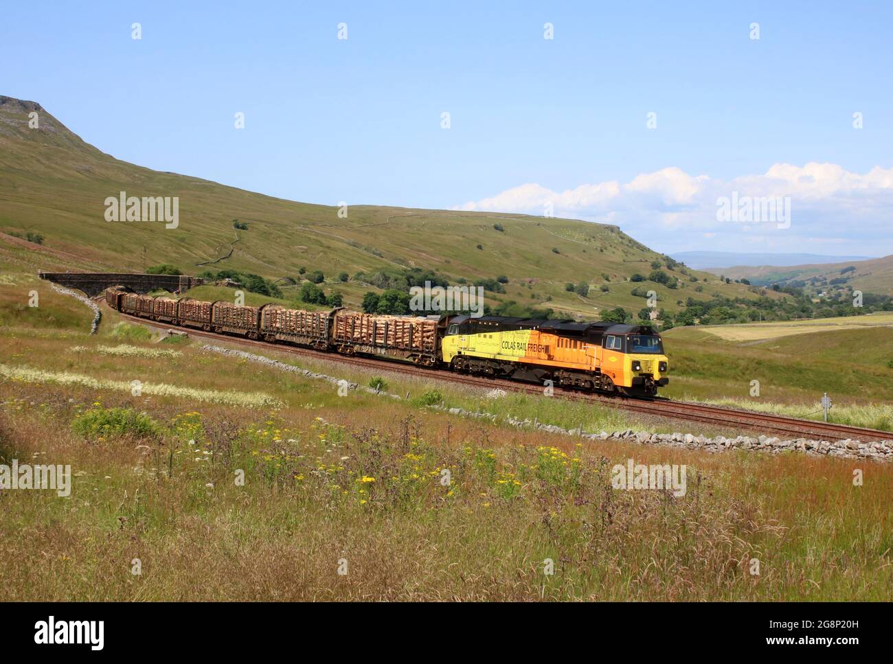 Colas Rail class 70 diesel on Settle-Carlisle line in Cumbria.  approaching Aisgill summit with Mallerstang valley behind loco on July 20th 2021. Stock Photo