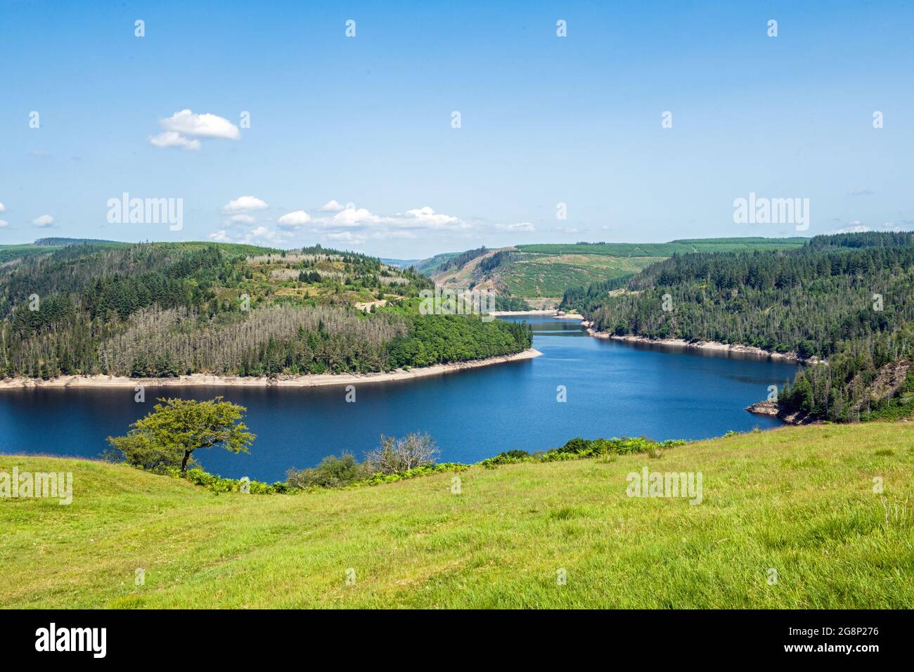 A large section of the Llyn Brianne Reservoir in upper Carmarthenshire on a blue sky sunny July day. Stock Photo