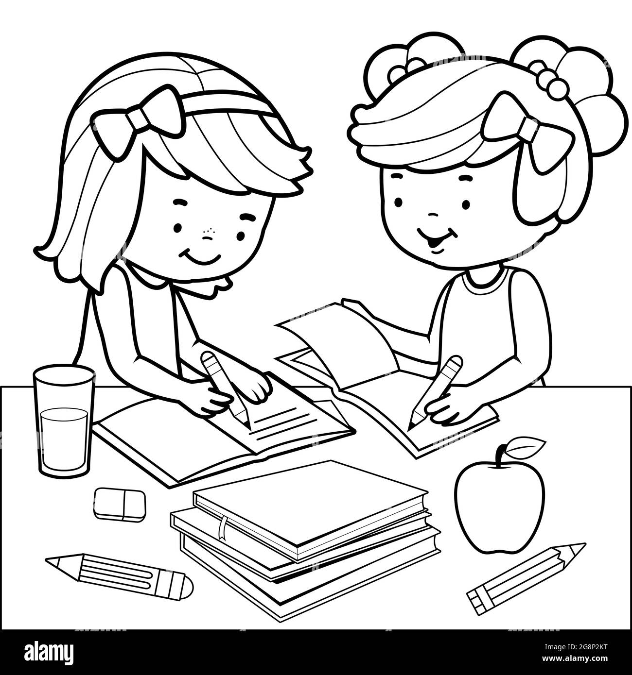 Students doing homework. Black and white coloring page. Stock Photo