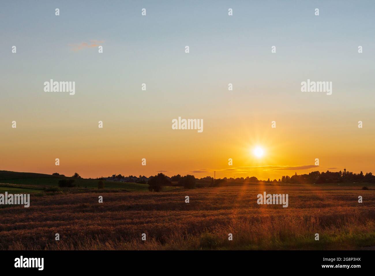 Rural Landscape sunset with sun natural sunray sunflare. Rising above horison forest. Nice summer golden field,forest evening Stock Photo
