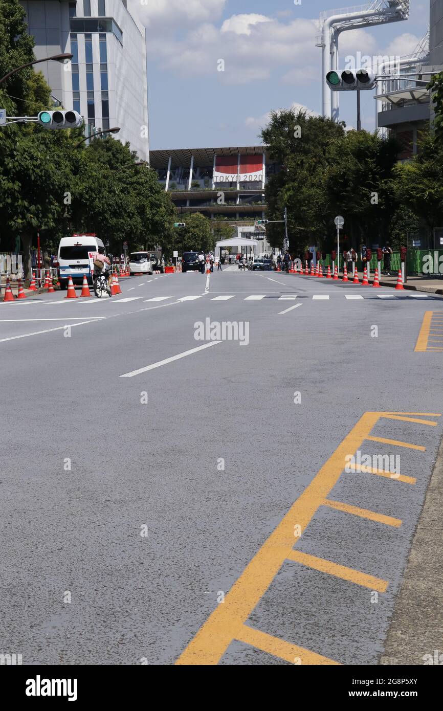The traffic is controled around the National Stadium, the main venue of the Tokyo 2020 Olympic Games. Stock Photo