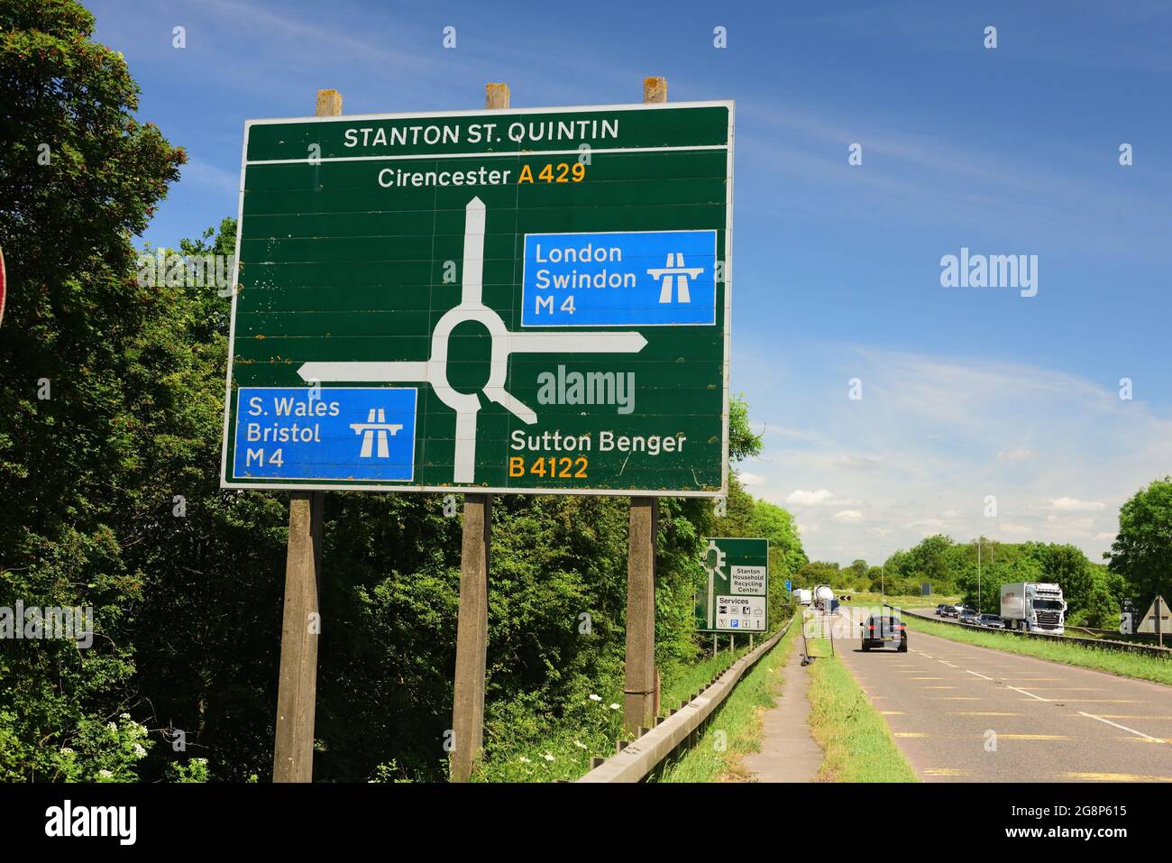 Road sign on the A350 approaching junction 17 of the M4 motorway. Stock Photo