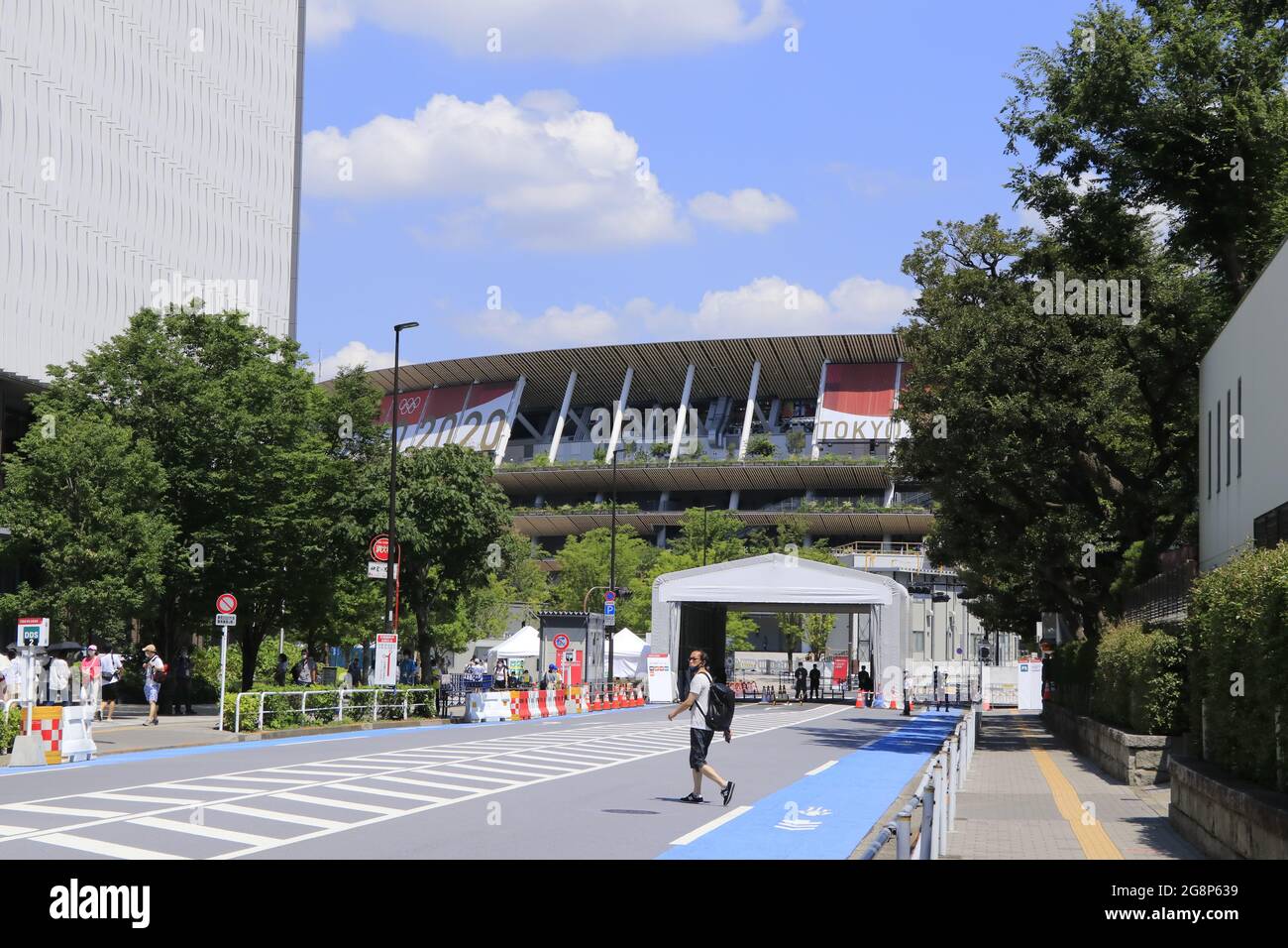 The traffic is controled around the National Stadium, the main venue of the Tokyo 2020 Olympic Games. Stock Photo