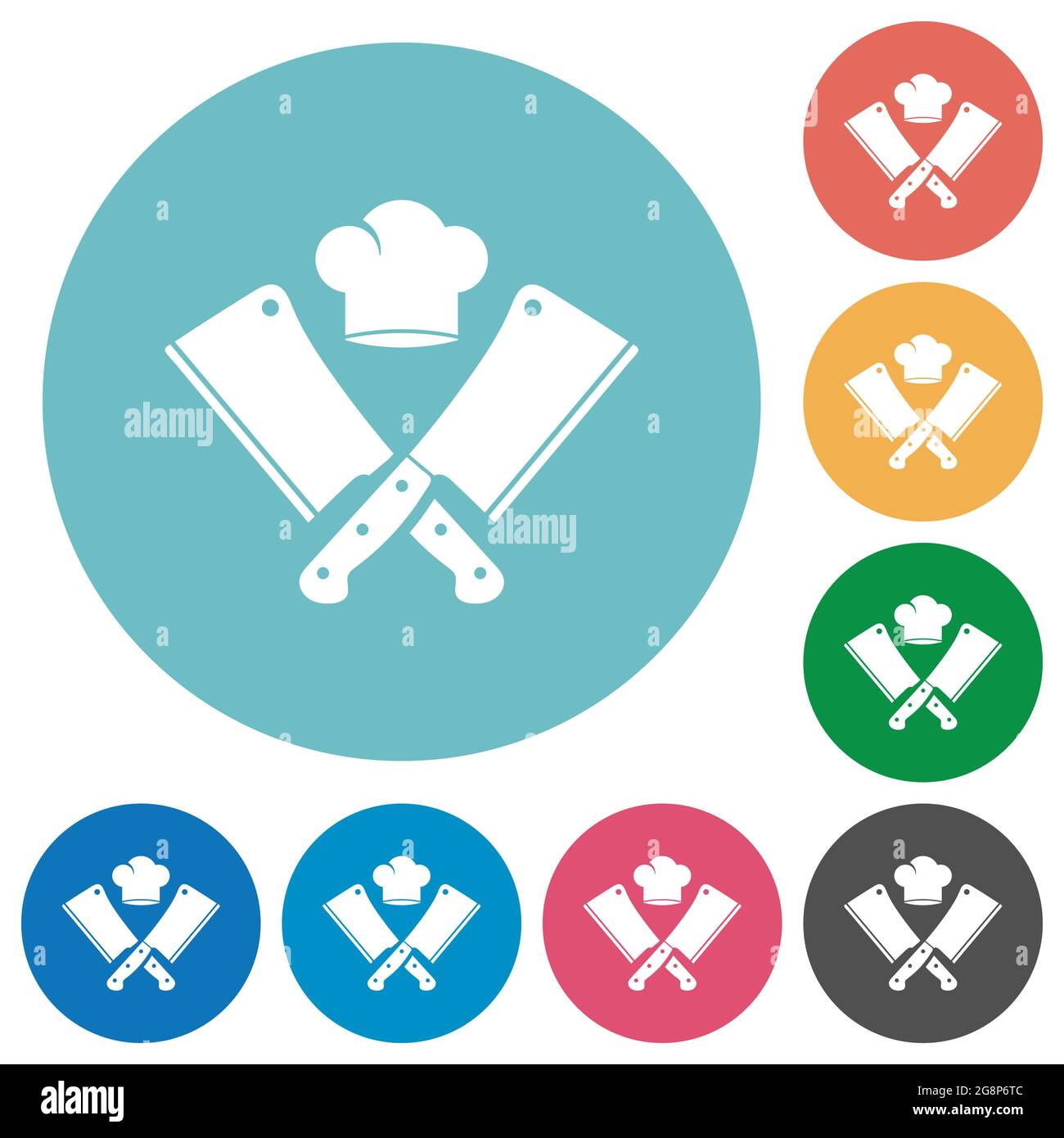 Two crossed meat cleavers and chef hat flat white icons on round color ...