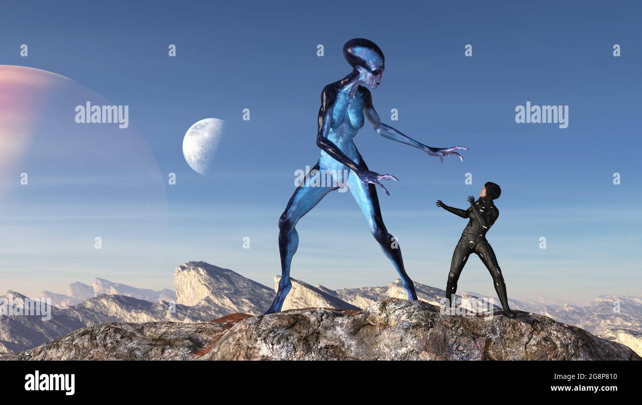 Wide 3d illustration of a futuristic female soldier fighting with a huge alien as it reaches for her with long clawed fingers on a blue sky planet. Stock Photo