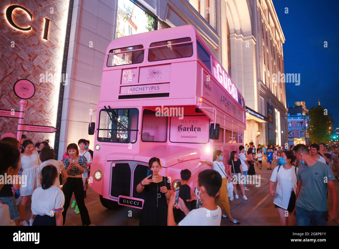 SHANGHAI, CHINA - JULY 21, 2021 - A GUCCI Retro Bus for fashion fans is  seen in Shanghai, China, On July 21, 2021. The flashy car is also a mobile  pavilion, part