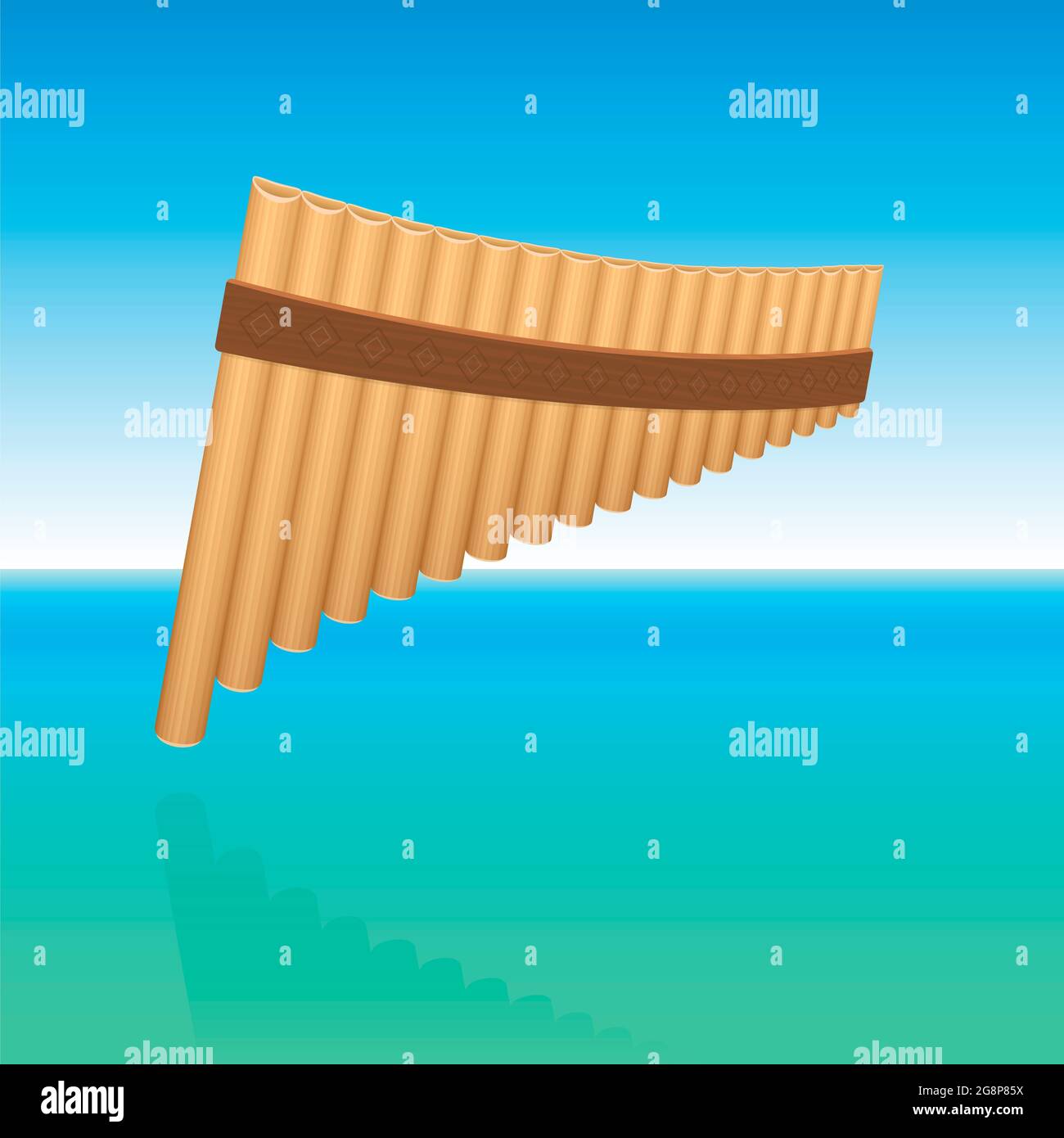 Pan flute floating above ocean water, symbolic for tranquil, meditative, peaceful music. Woodwind instrument for contemplation, inner peace, harmony. Stock Photo