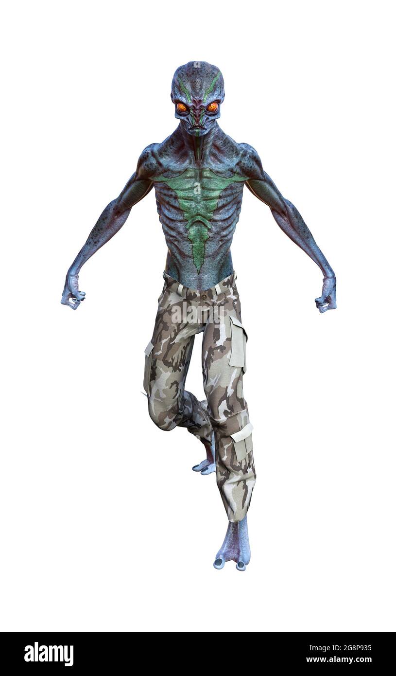 3d illustration of an alien with green and blue skin with arms out walking forward in a threatening way. Stock Photo