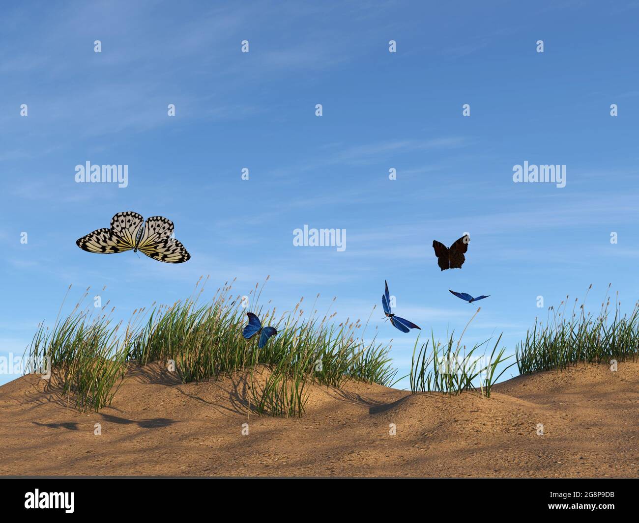 3d illustration of a group of butterflies flying over a sand dune with ...