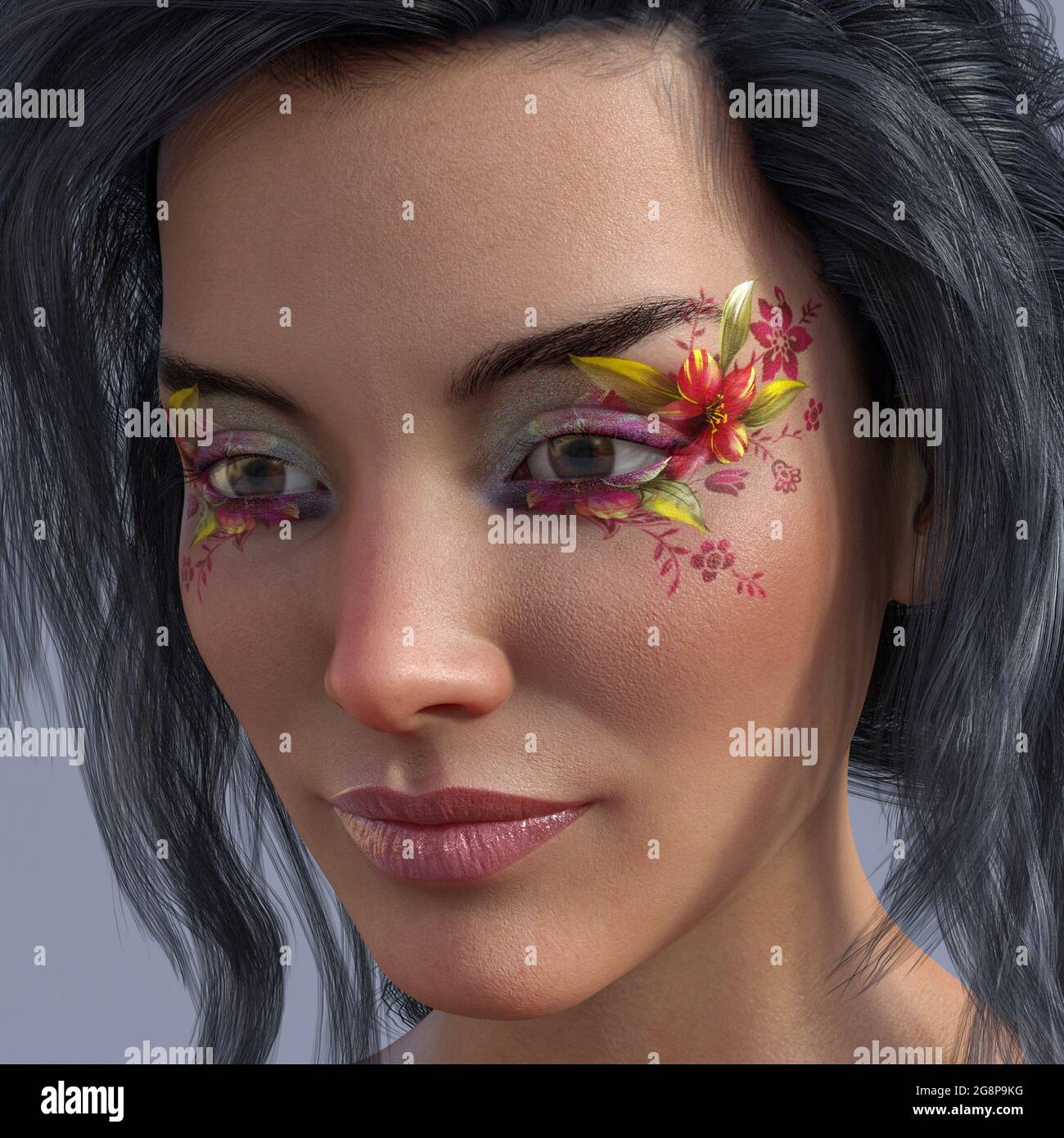 3d illustration of a lovely woman with a flower tattoo on her face