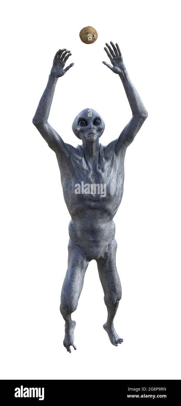 Front view 3d illustration of an overweight grey alien jumping to get a chocolate chip cookie. Stock Photo