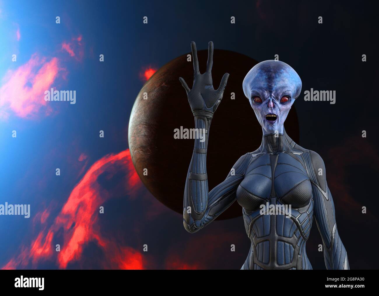 3d illustration of a happy female alien waving with a dark planet and fiery red and black in the background of space. Stock Photo