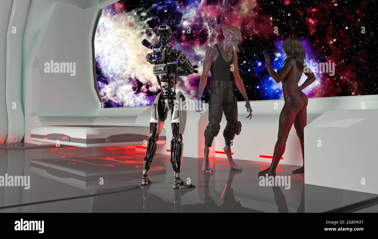 3d illustration of a woman talking to a large alien and a robot with a ...