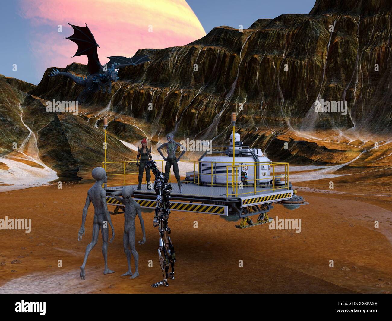 3d illustration of an extraterrestrial standing and a woman standing on a mining platform talking to two gray aliens and a large robot plus a flying d Stock Photo