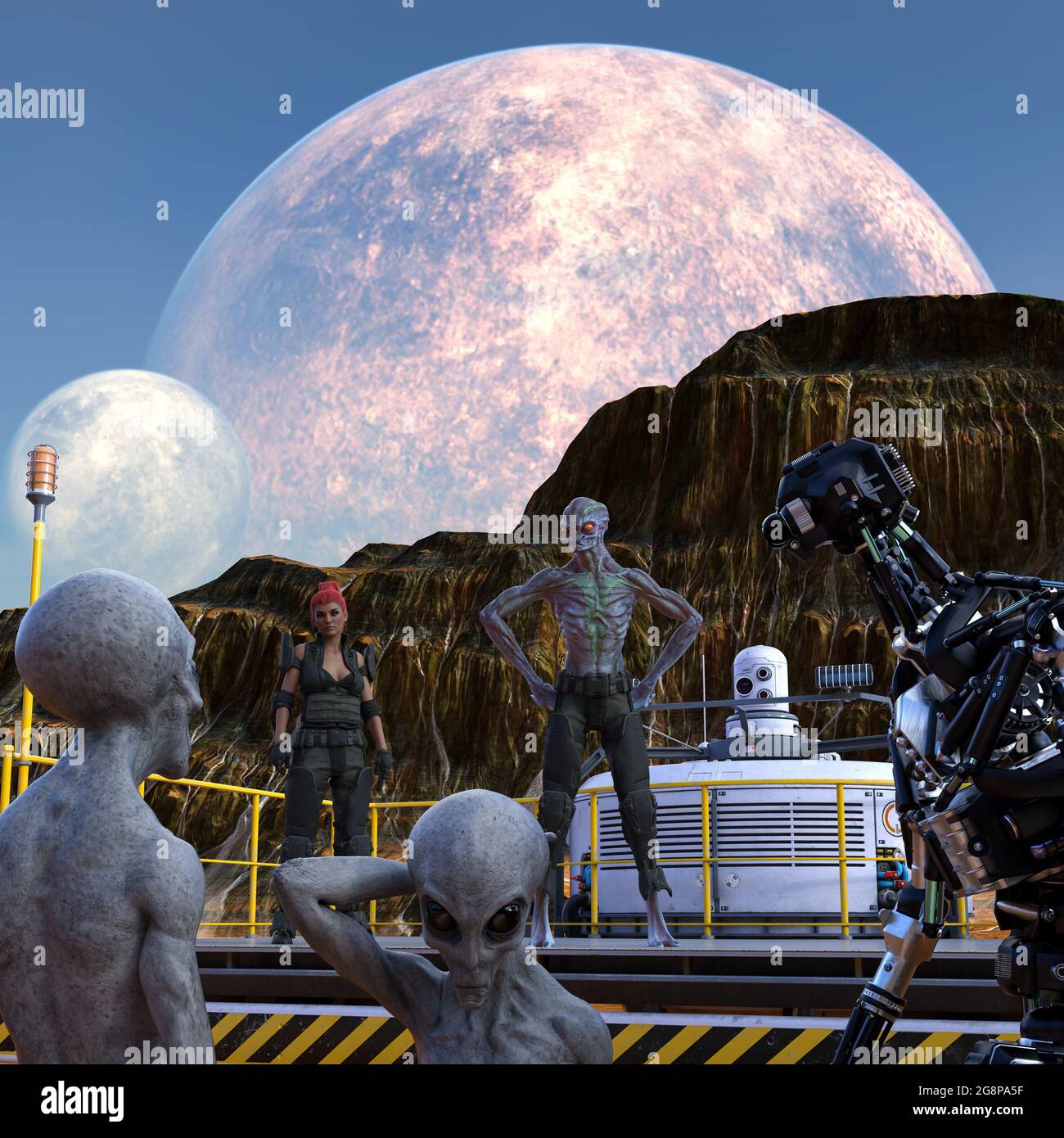 3d illustration of extraterrestrials a woman and a robot talking from a mining platform talking to other aliens on a world with moons rising above mou Stock Photo