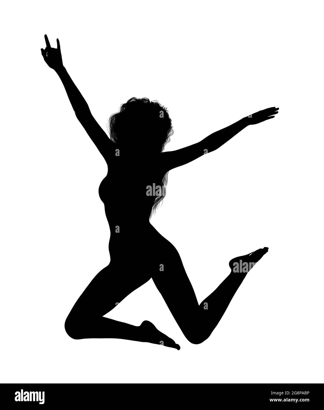 3d illustration of a silhouette of a woman jumping with bent knees and arms outstretched isolated on a white background. Stock Photo