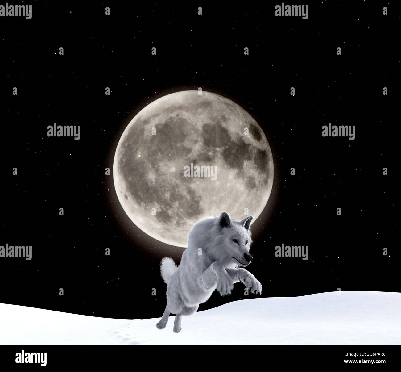 3d illustration of a wolf jumping over snow with a huge full moon in the background. Stock Photo