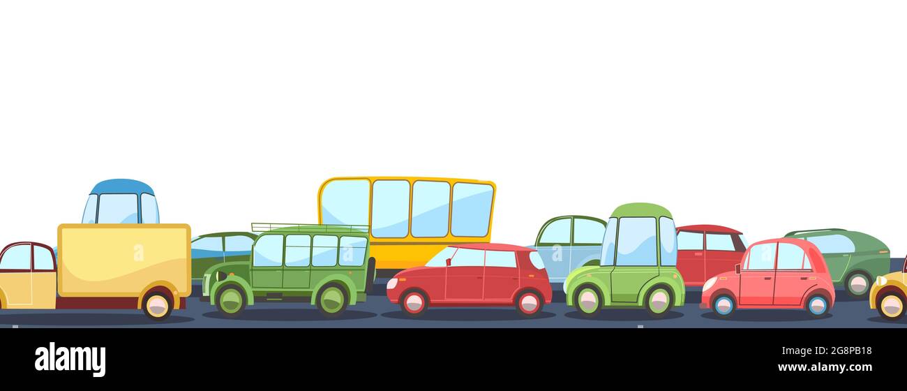 Seamless horizontal Heavy traffic on asphalt road. Cartoon illustration. Different cars in comic style. Isolated on white background. Vector Stock Vector