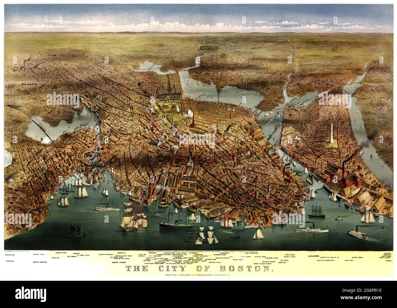 Click On Vintage Birds eye view map of the City of Boston (1873) Stock Photo