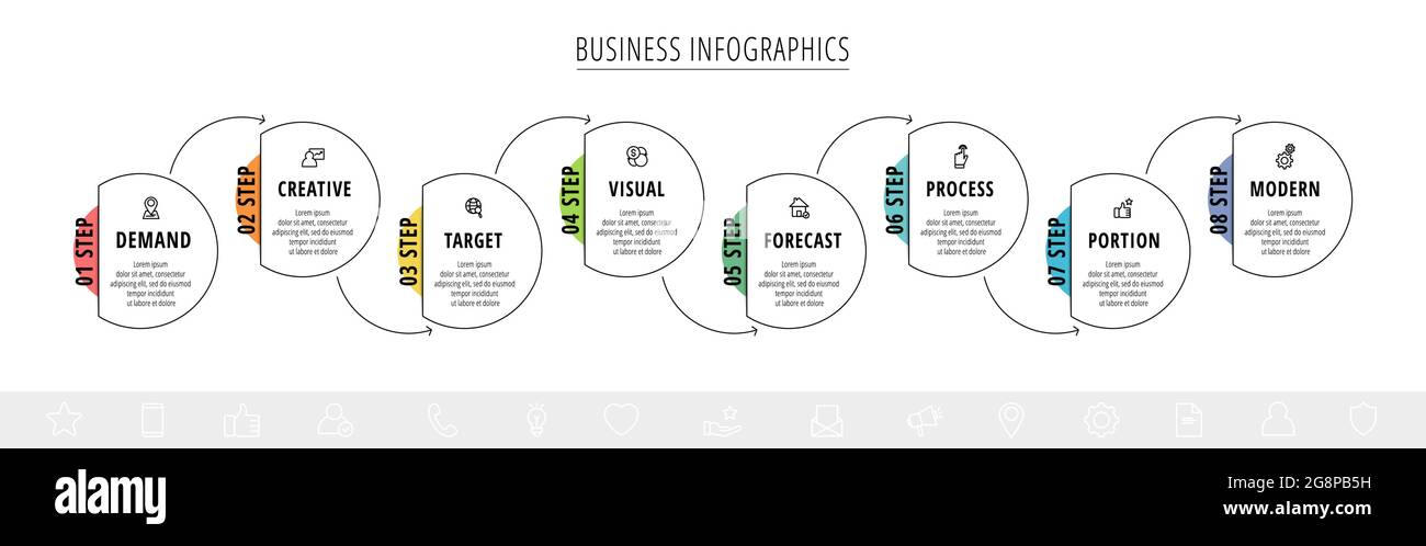 Vector line infographics template for eight arrows and circles ...