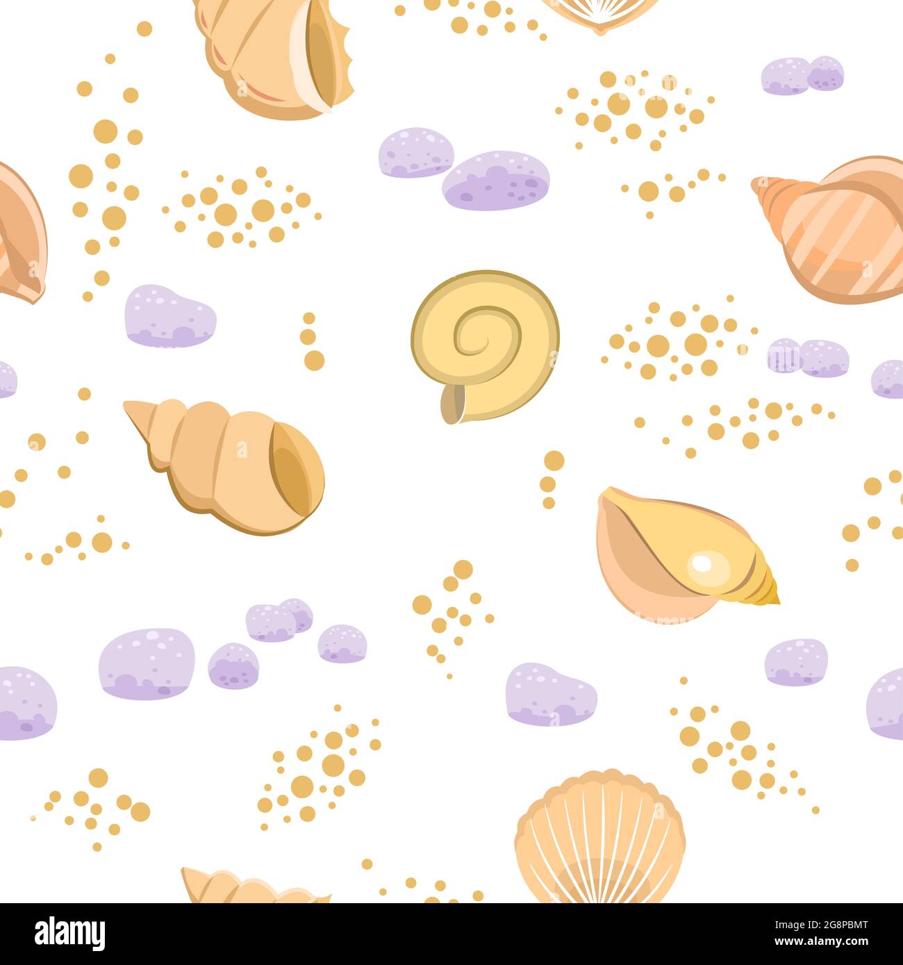 Shells on sand. Bottom of reservoir or beach. Sea ocean. Seamless. Illustration in cartoon style. Flat design. Vector art Stock Vector