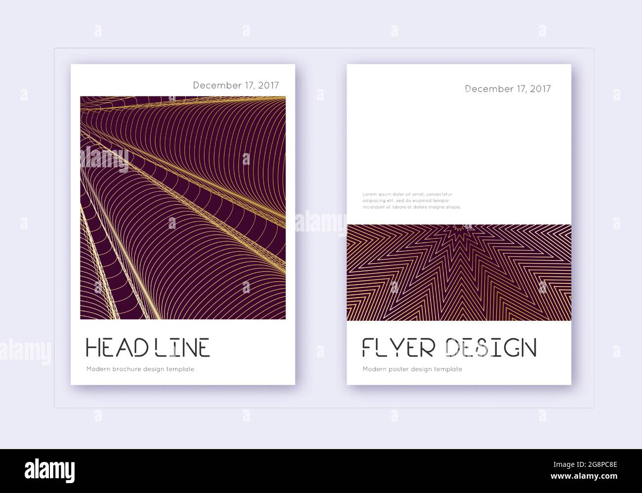 Minimal cover design template set. Gold abstract lines on maroon