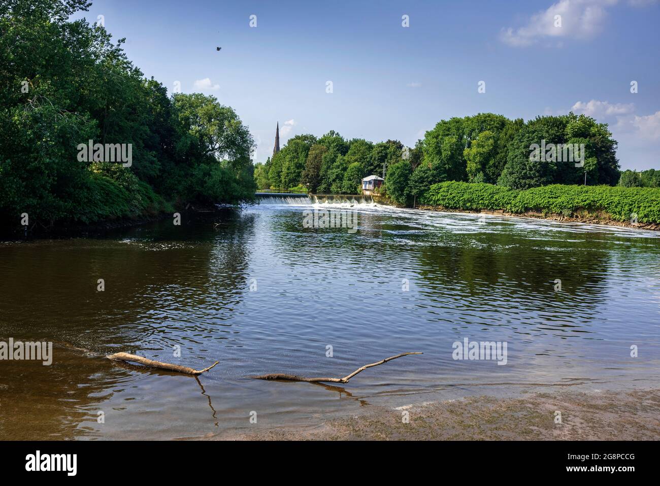 Howley weir on the river Mersey in Warrington. The highest tidal point on the river Mersey. Stock Photo